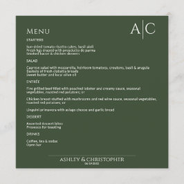 Einfache dunkle Moosgrün-Monogramm-Hochzeitsempfeh Menükarte
