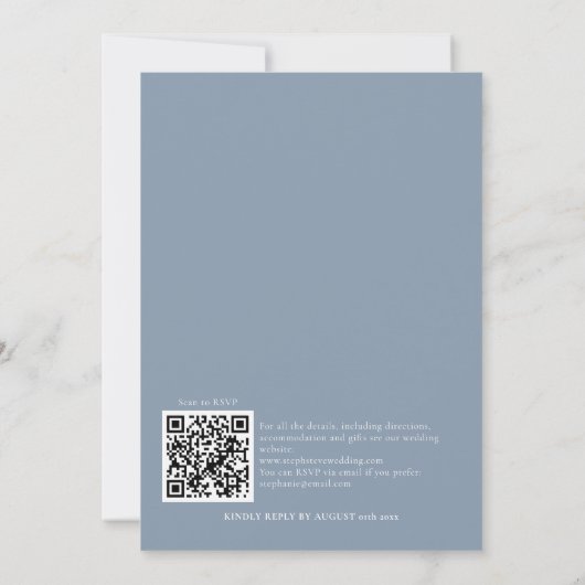 Einfache Dusty Blue QR Code Hochzeit Einladung (Rückseite)