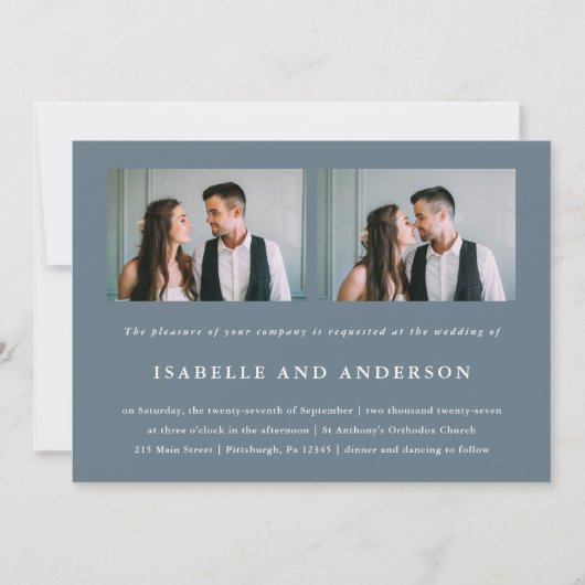 Einfache Dusty Blue Two Foto Hochzeit Einladung (Vorderseite)