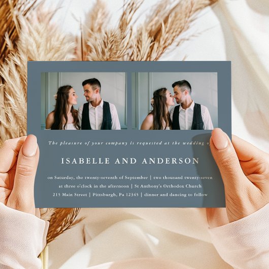 Einfache Dusty Blue Two Foto Hochzeit Einladung