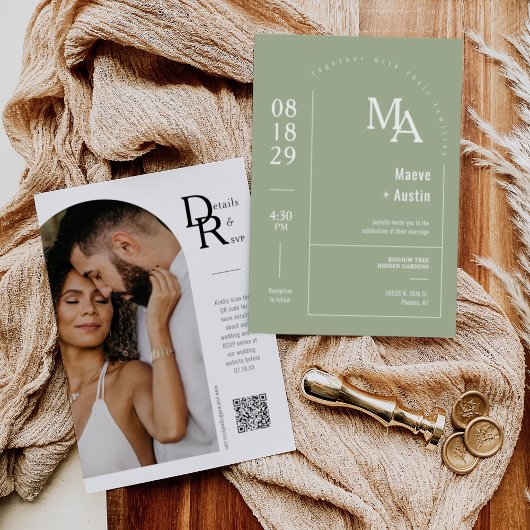 Einfache Dusty Green Moderne Minimal Arch QR Code Einladung