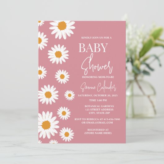 Einfache Dusty Pink Daisy Baby Dusche Einladung (Stehend Vorderseite)