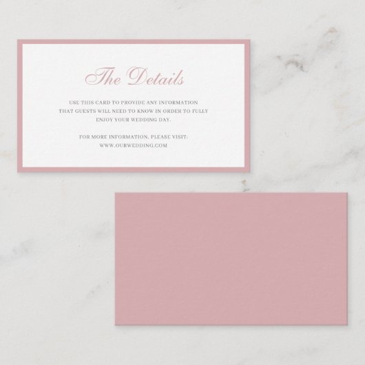 Einfache Dusty Rose Rosa Formal Wedding Details EN Begleitkarte (Vorne/Hinten)
