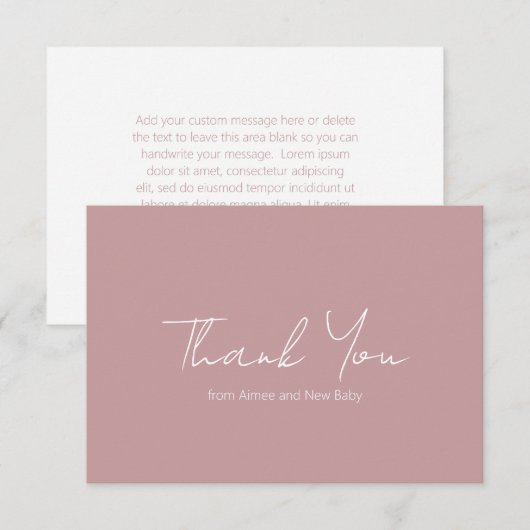 Einfache Dusty-Rose Rustikales Script Moderne Baby Dankeskarte (Vorne/Hinten)