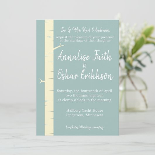 Einfache Eggshell Blue Birch Wedding Einladung (Stehend Vorderseite)