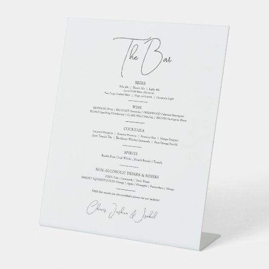 Einfache einfache Bar für Hochzeitsgetränke Sockelschild (Vorderseite)