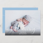 Einfache Einführung Script Boy Blue Foto Birth Ankündigung (Vorne/Hinten)