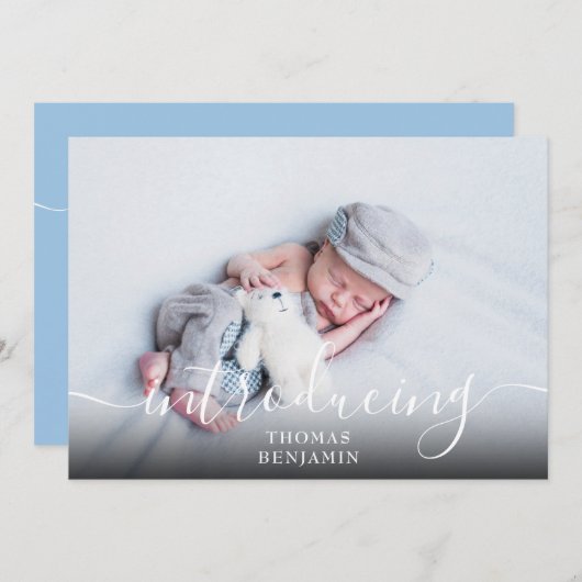 Einfache Einführung Script Boy Blue Foto Birth Ankündigung (Vorne/Hinten)