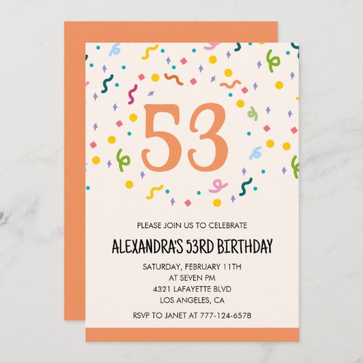 Einfache Einladung Confetti 53. Geburtstag Einladu (Vorne/Hinten)