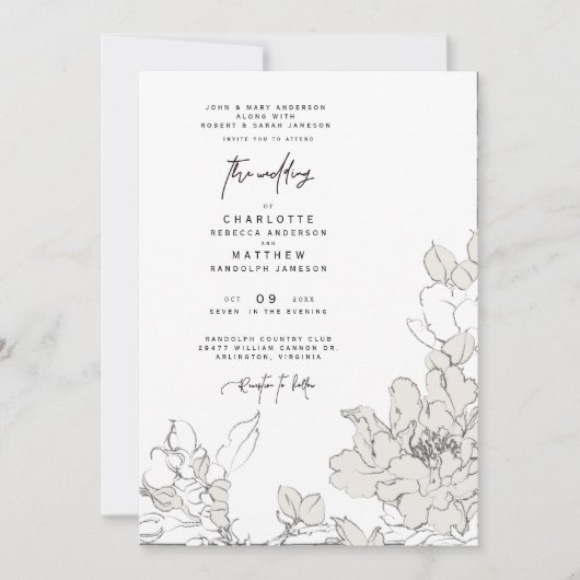 Einfache Einladung der vom Stift Gezeichnet Blumen (Vorderseite)