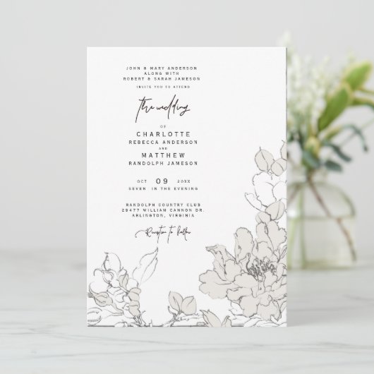 Einfache Einladung der vom Stift Gezeichnet Blumen (Stehend Vorderseite)