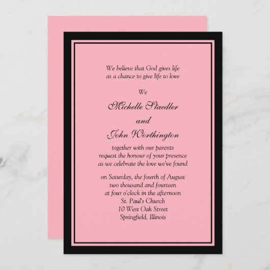 Einfache Einladung für Rosa und Schwarze Hochzeit (Vorne/Hinten)