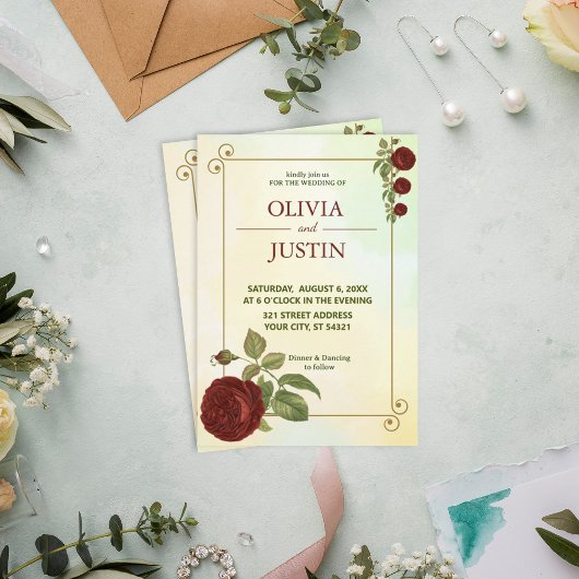 Einfache Einladung von Burgund Red Blume Hochzeit