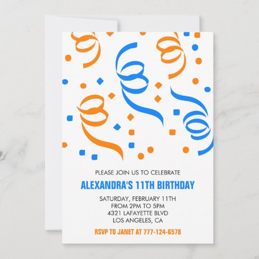 Einfache Einladung zum 11. Geburtstag Confetti Blu (Vorderseite)