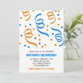 Einfache Einladung zum 3. Geburtstag Confetti Blue (Stehend Vorderseite)