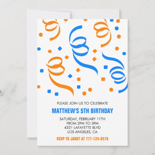 Einfache Einladung zum 5. Geburtstag Confetti Blue (Vorderseite)