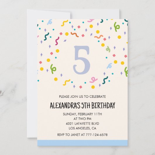 Einfache Einladung zum 5. Geburtstag Confetti Mode (Vorderseite)