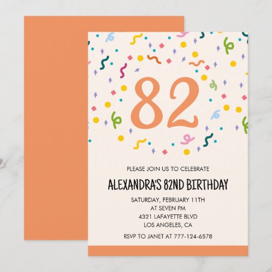 Einfache Einladung zum 82. Geburtstag Confetti Mod (Vorne/Hinten)