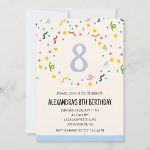Einfache Einladung zum 8. Geburtstag Confetti Mode