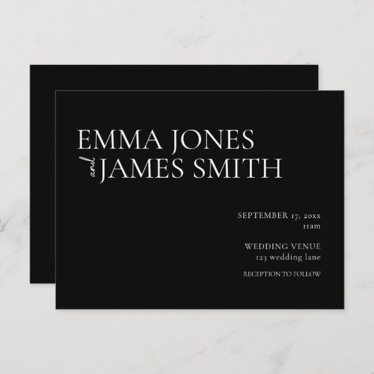 Einfache Einladung zum Hochzeitsfeiern in Schwarz (Vorne/Hinten)