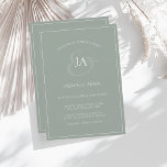 Einfache Einladung zur Hochzeitsfeier in grüner Sc<br><div class="desc">Einfache Sage Green Monogram Einladung Hochzeit. Stilvoll beeindrucken Sie Ihre Hochzeitsgäste mit dieser trendigen, grün-grünen Hochzeitseinladung, die ein schönes weißes Drehbuch mit den Initialen der Braut und des Bräutigams auf einem schluchgrünen Hintergrund enthält. Diese Einladung hat ein atemberaubendes moosgrünes Design, mit modernen und minimalistischen Farbtönen, perfekt für Ihre einfache, trendige,...</div>