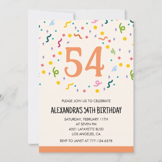 Einfache Einladungen Confetti 54. Geburtstag Moder (Vorderseite)