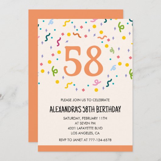 Einfache Einladungen Confetti 58. Geburtstag Moder (Vorne/Hinten)