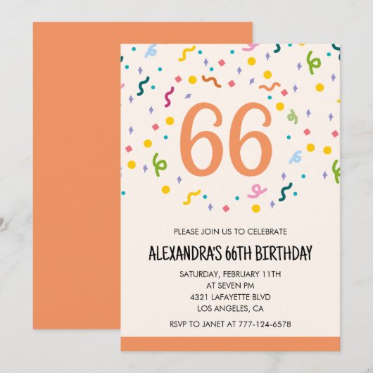 Einfache Einladungen Confetti 66. Geburtstag Moder (Vorne/Hinten)