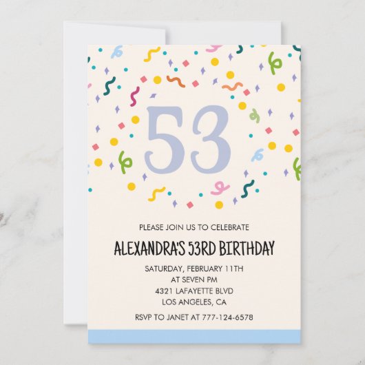 Einfache Einladungen zum 53. Geburtstag Confetti M (Vorderseite)