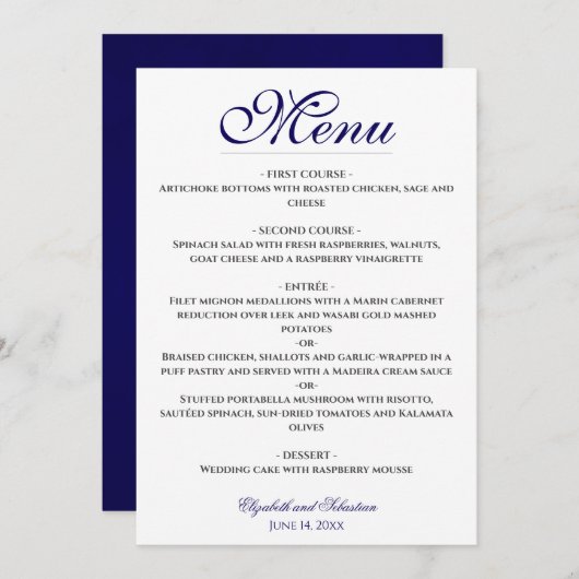 Einfache Elegance Blue & White Wedding Menu Menükarte (Vorne/Hinten)