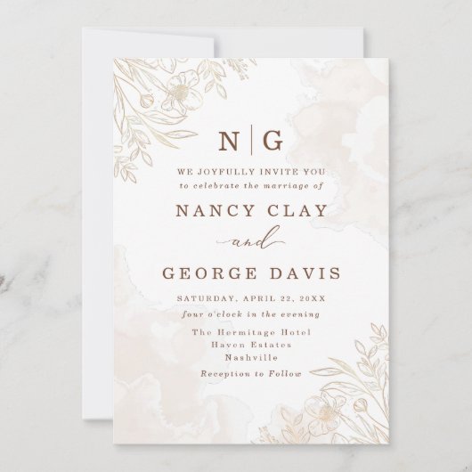 Einfache Elegance Boho Blätter Monogram Wedding Einladung (Vorderseite)