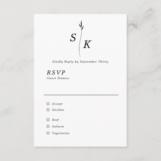 Einfache Elegance Leaf Monogram Chic Wedding RSVP Karte (Vorderseite)