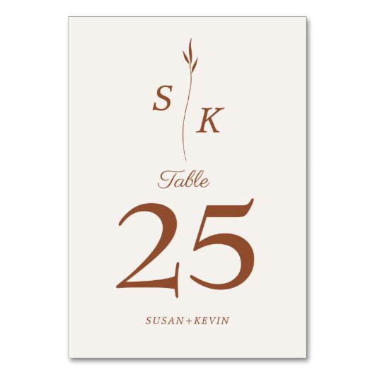 Einfache Elegance Leaf Monogram Chic Wedding Tischnummer (Vorderseite)