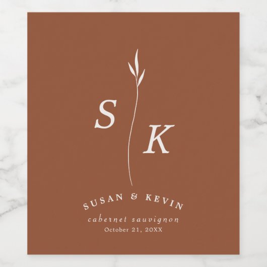 Einfache Elegance Leaf Monogram Chic Wedding Weinetikett (Einzelnes Label)