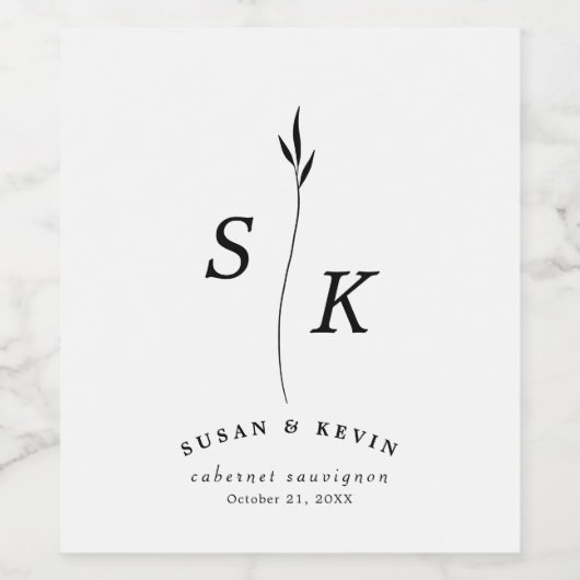 Einfache Elegance Leaf Monogram Chic Wedding Weinetikett (Einzelnes Label)