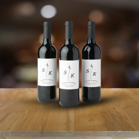 Einfache Elegance Leaf Monogram Chic Wedding Weinetikett