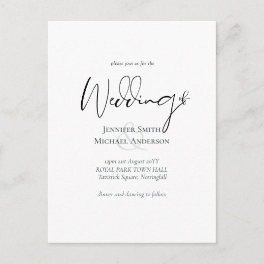 Einfache Elegance Script Moderne Budget Hochzeit Postkarte (Vorderseite)
