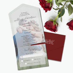 Einfache Elegance Voll-Foto Burgundy Red Wedding All In One Einladung