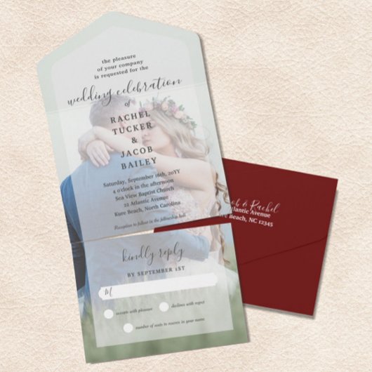 Einfache Elegance Voll-Foto Burgundy Red Wedding All In One Einladung