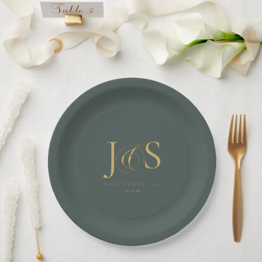 Einfache Elegance Wedding Initials Green ID1022 Pappteller (Hochzeit)