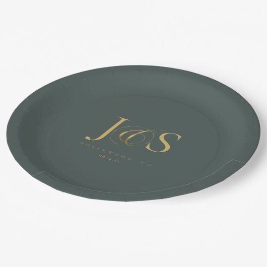Einfache Elegance Wedding Initials Green ID1022 Pappteller (Schrägansicht)