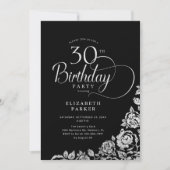 Einfache Elegant 30. Geburtstag Black Silver Rose Einladung (Vorderseite)