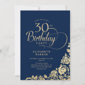 Einfache Elegant 30. Geburtstag Navy Gold Rose Einladung (Vorderseite)