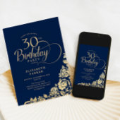Einfache Elegant 30. Geburtstag Navy Gold Rose Einladung