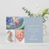 Einfache Elegant 3 Foto Signature Script Taufe Dankeskarte (Stehend Vorderseite)