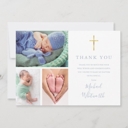 Einfache Elegant 3 Foto Signature Script Taufe Dankeskarte (Vorderseite)