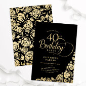 Einfache Elegant 40. Geburtstag Black Gold Rose Einladung