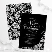 Einfache Elegant 40. Geburtstag Black Silver Rose Einladung