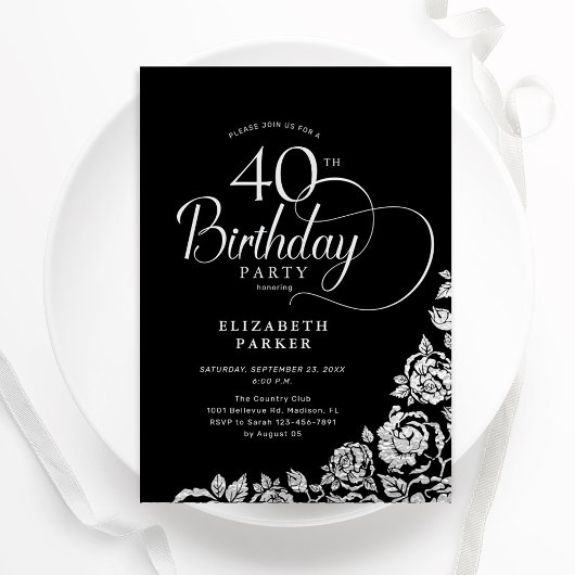 Einfache Elegant 40. Geburtstag Black Silver Rose Einladung