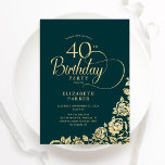 Einfache Elegant 40. Geburtstag Emerald Green Gold Einladung<br><div class="desc">Einfache elegante 40. Geburtstags-Party Einladung in smaragdgrün und gold. Klassisches Design mit Rose,  Imitaten Goldfolie und Typografie Script Schriftart. Die trendige Einladungskarte eignet sich perfekt für eine stilvolle Damenfeier. Personalisieren Sie Ihre persönlichen Daten. Kann für jedes Alter angepasst werden. Gedruckte Zazzle-Einladungen oder Sofortdownload digitaler Druckvorlage.</div>